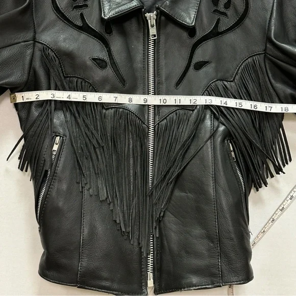 VTG Women’s Pro-Sports Leather Moto Jacket Fringe Conchos Roses Cinched Waist - Picture 4 of 15
